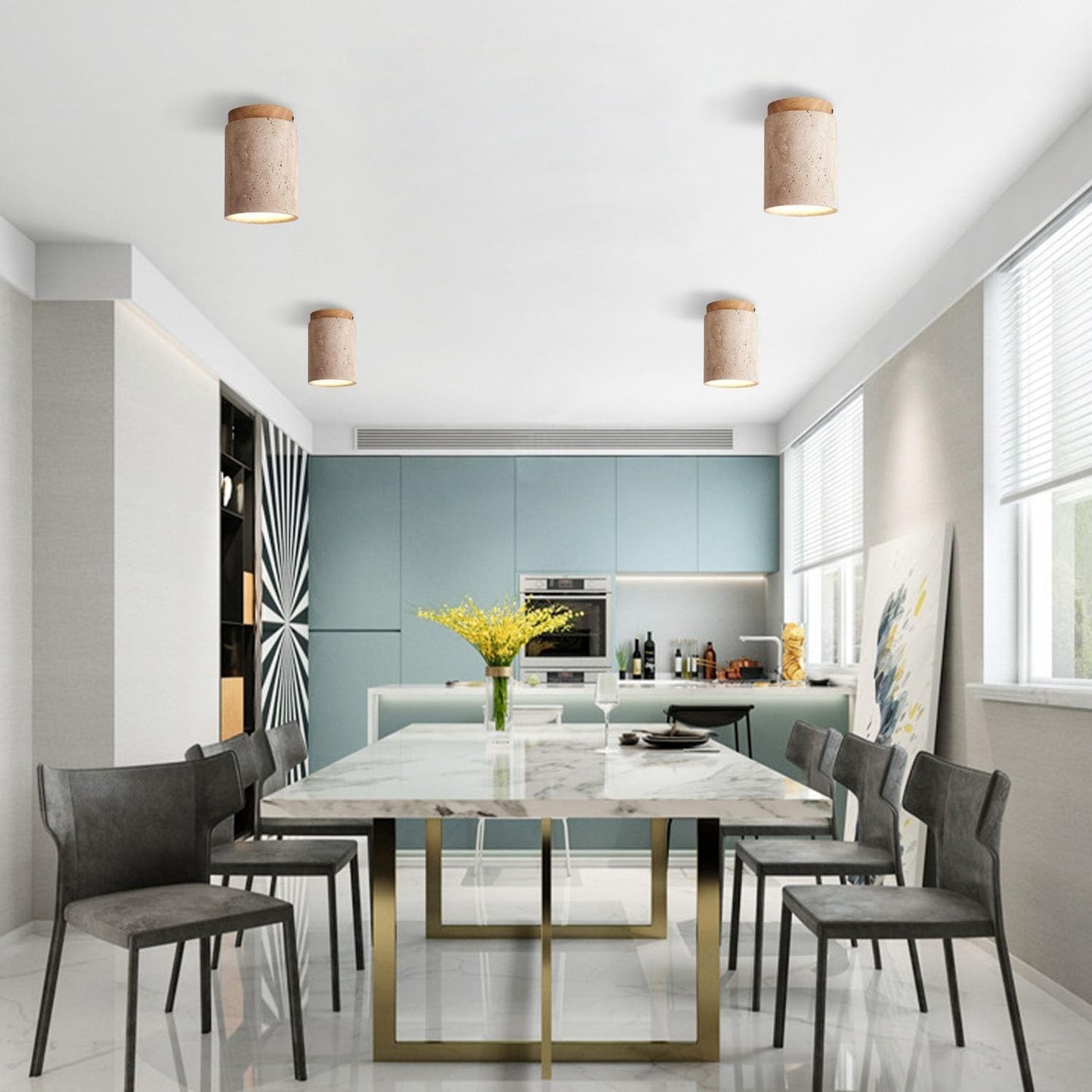 Hyrion Mini Wood And Stone Cylinder Travertine Ceiling Light