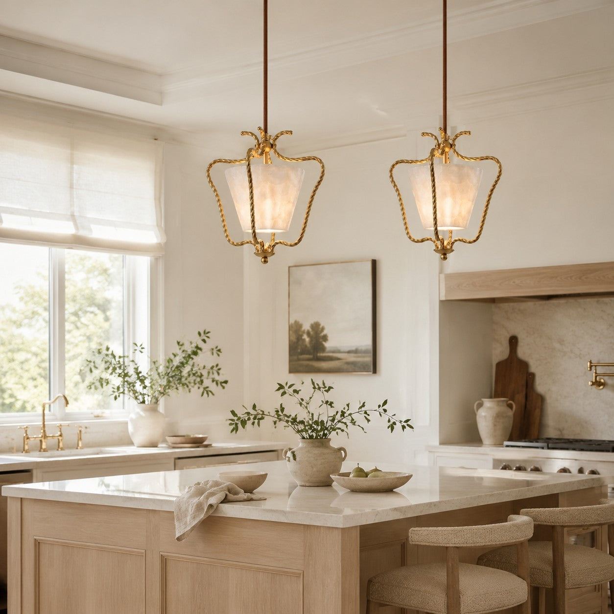 Spencer Vintage French Art Deco Brass Lantern Shell Pendant Light