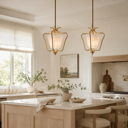 Spencer Vintage French Art Deco Brass Lantern Shell Pendant Light