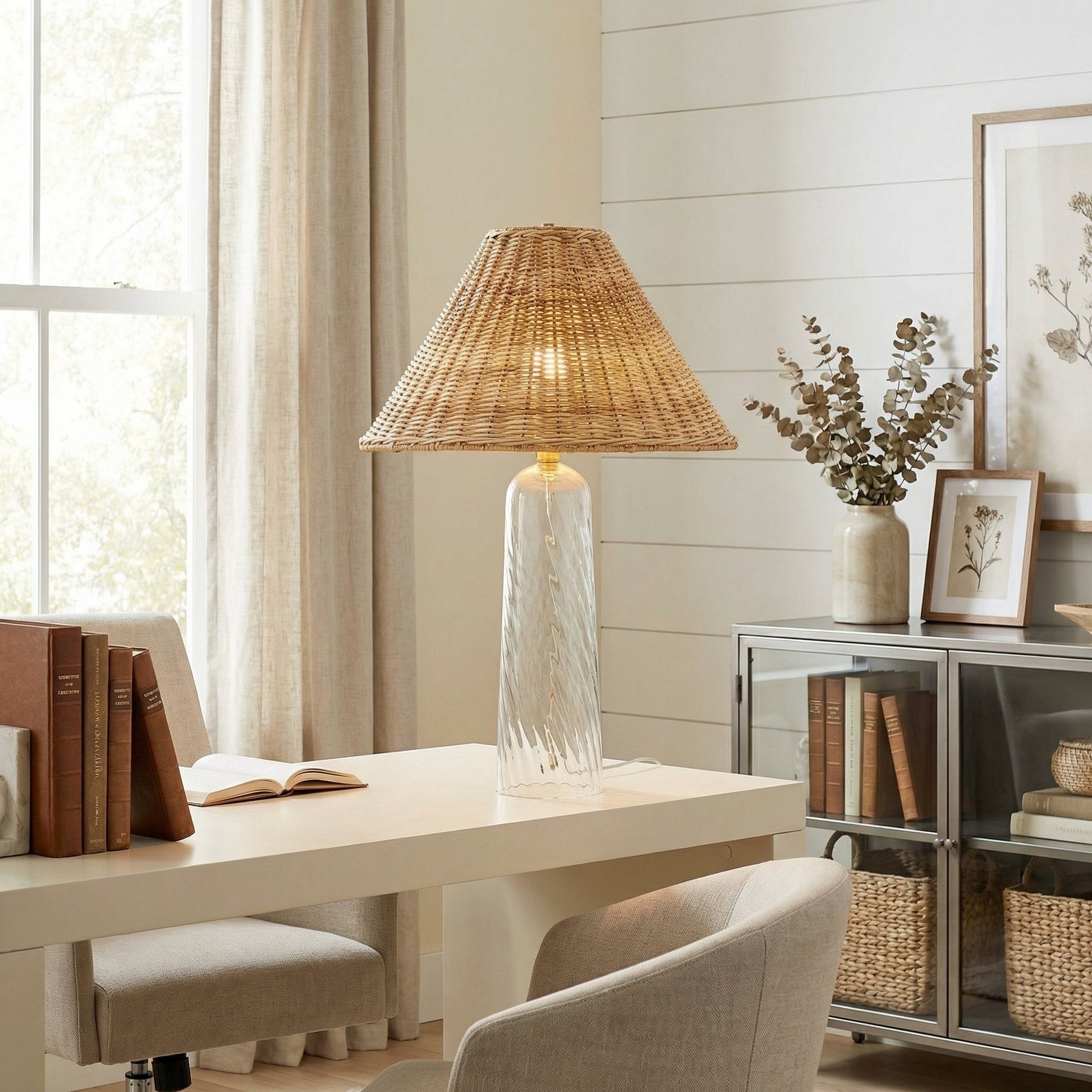 Gunner Boho Natural Rattan & Clear Glass Cylindrical Table Lamp