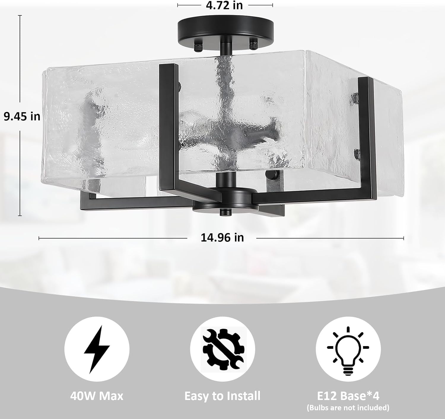 Coriander Black Rectangular Water Rippled Glass Ceiling Light
