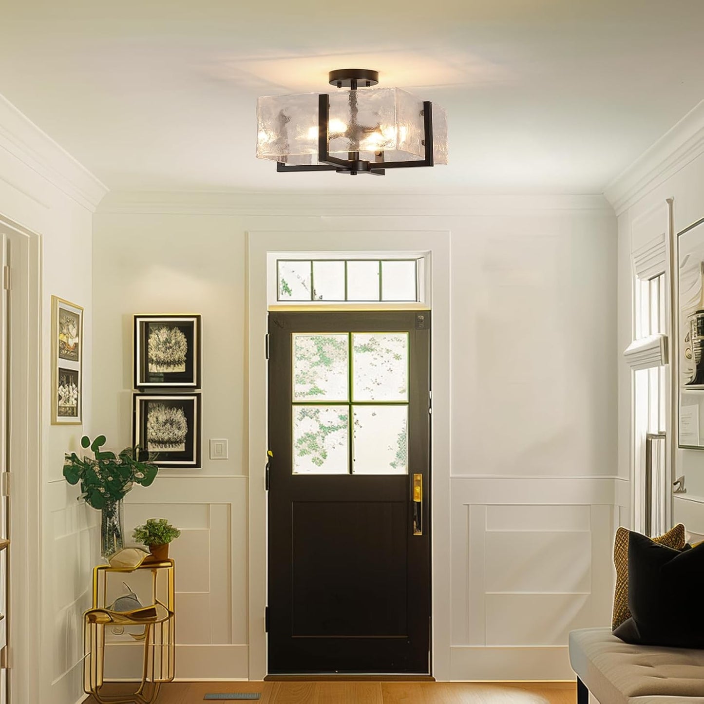 Coriander Black Rectangular Water Rippled Glass Ceiling Light
