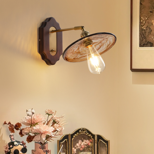 Poulsen Rustic Wood Amber Round Glass Wall Light