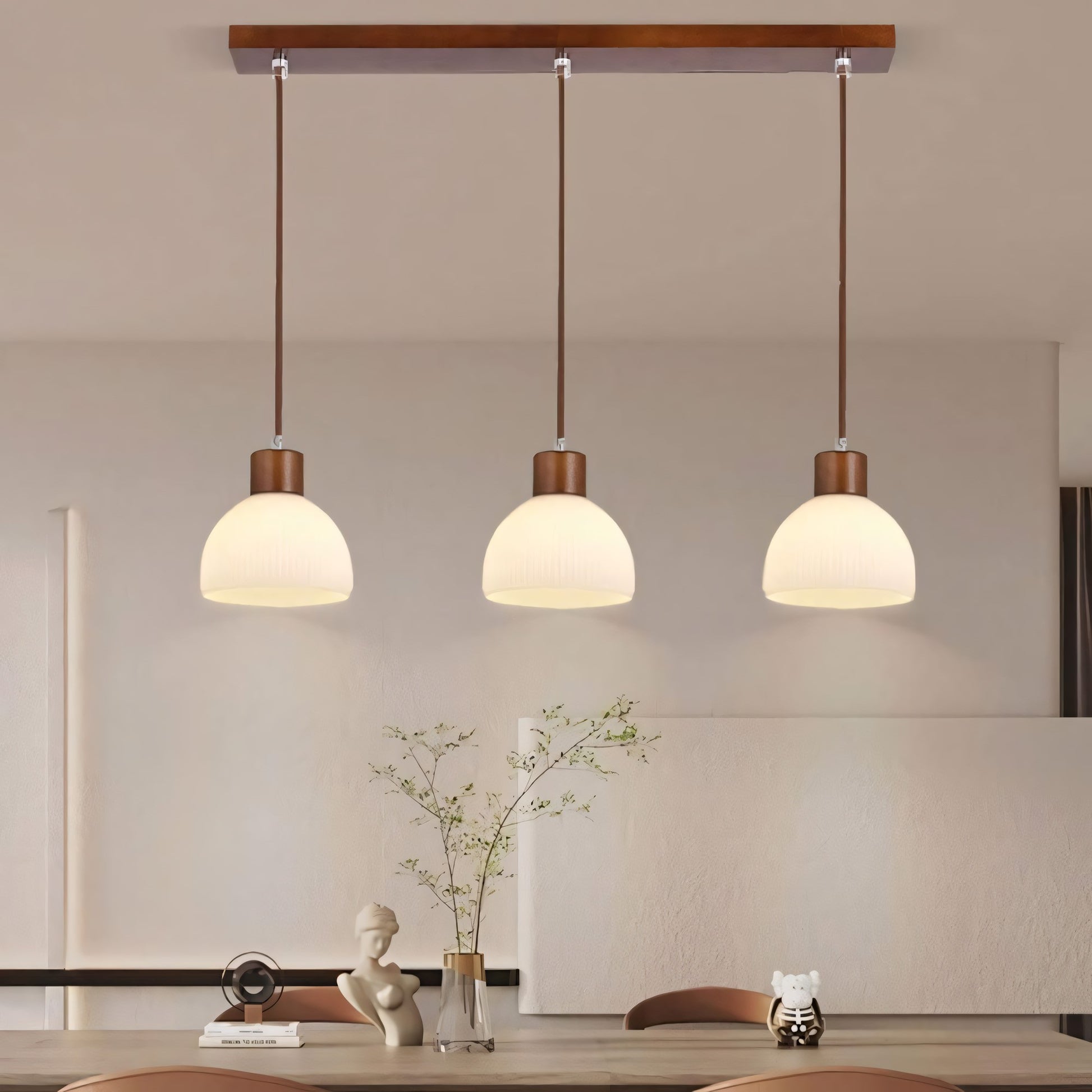 Tyrionth Wood Base 3 Light White Ribbed Glass Shade Pendant Light