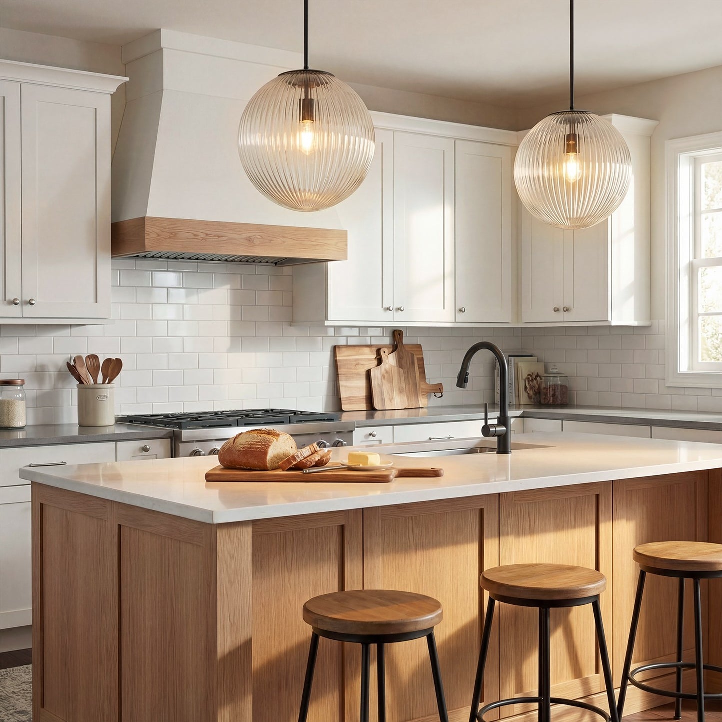 Alain Farmhouse Cooper Ribbed Glass Pendant Light
