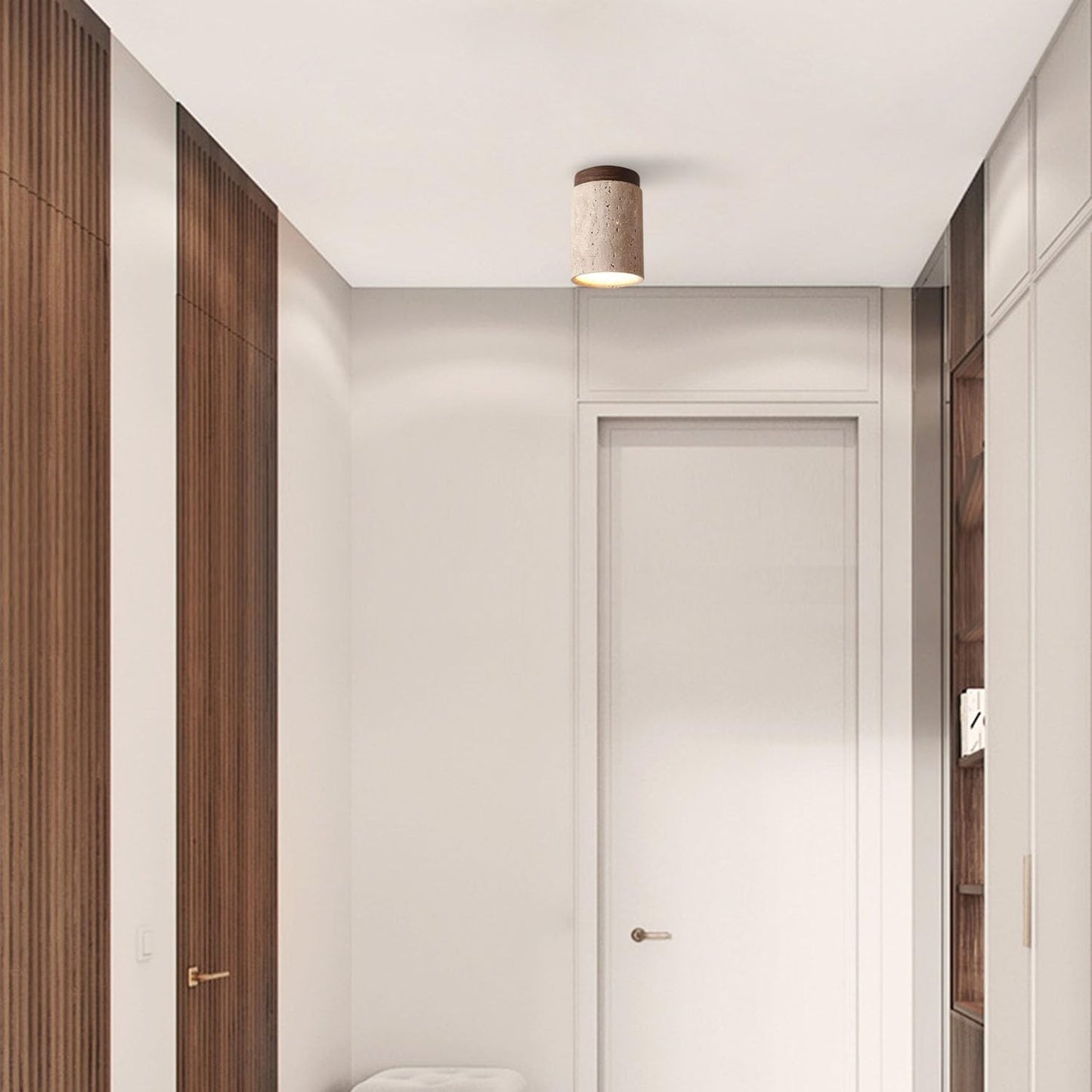 Hyrion Mini Wood And Stone Cylinder Travertine Ceiling Light