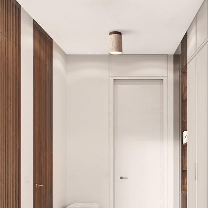 Hyrion Mini Wood And Stone Cylinder Travertine Ceiling Light
