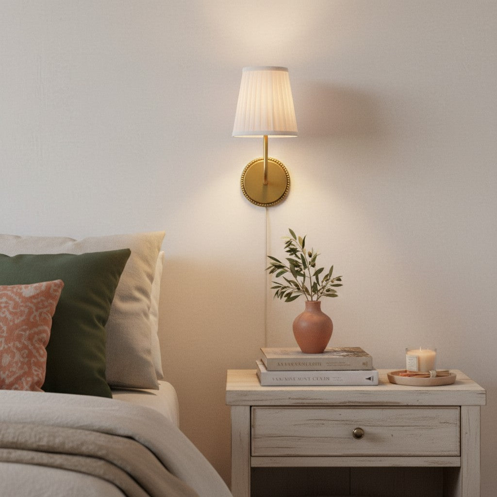 Veluna Vintage Brass Fabric Cone Wall Sconce