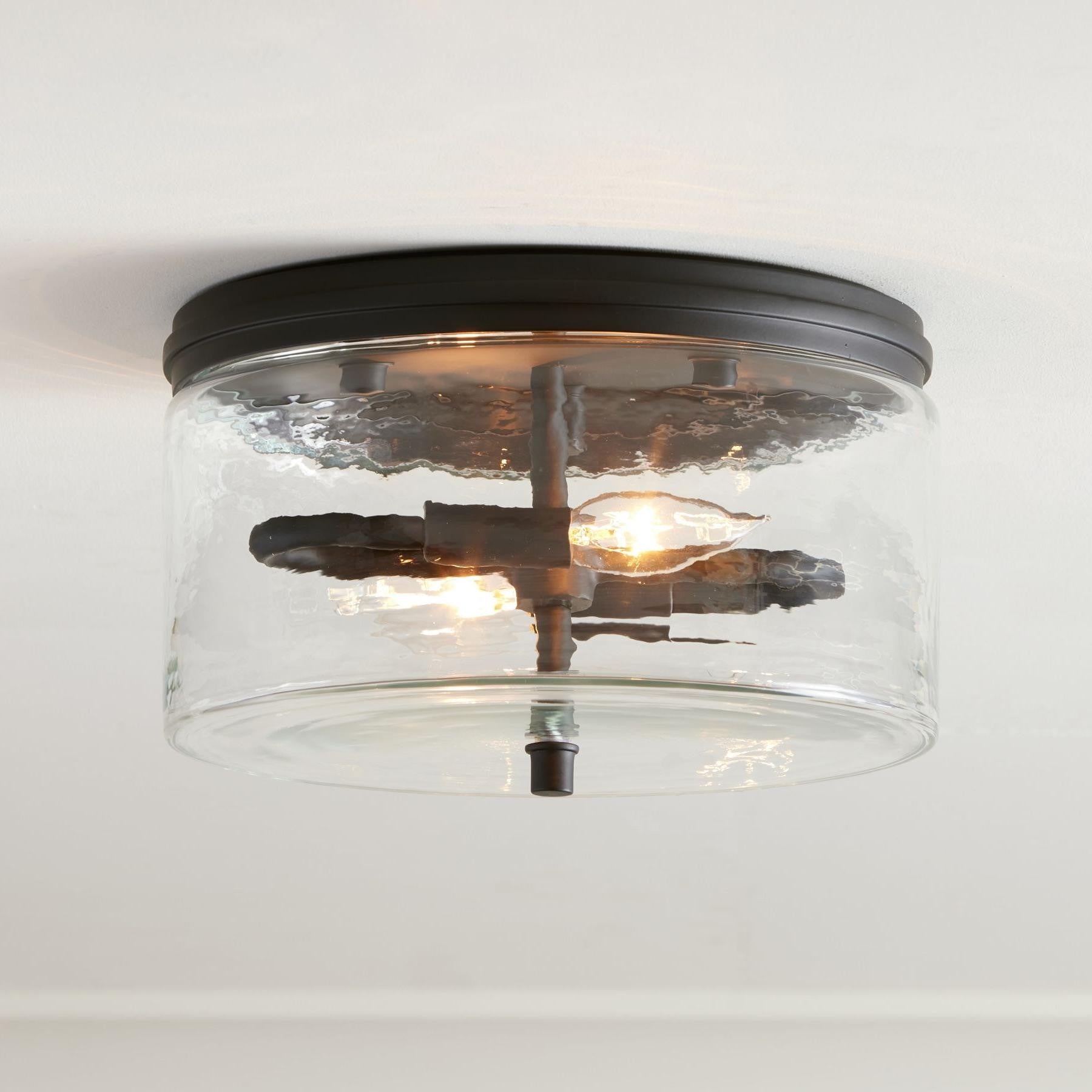 Quinlan Modern Black Drum Glass Flush Mount Ceiling Light
