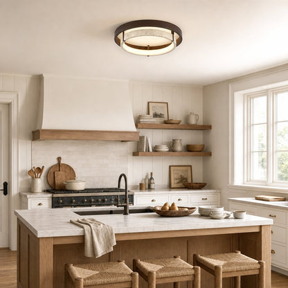 Jayce Organic Wood & Travertine Layered Round Ceiling Light