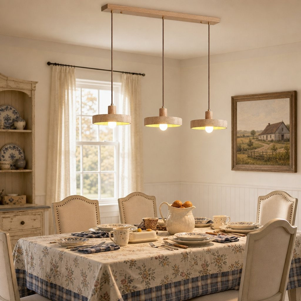 Harlow Wabi-Sabi Travertine & Wood Circular Pendant Light