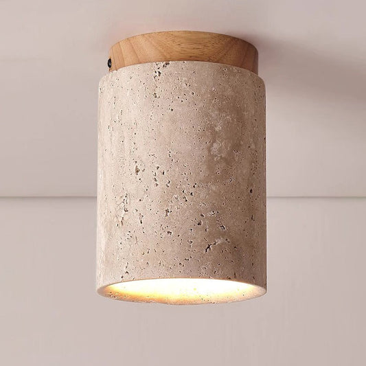 Hyrion Mini Wood And Stone Cylinder Travertine Ceiling Light