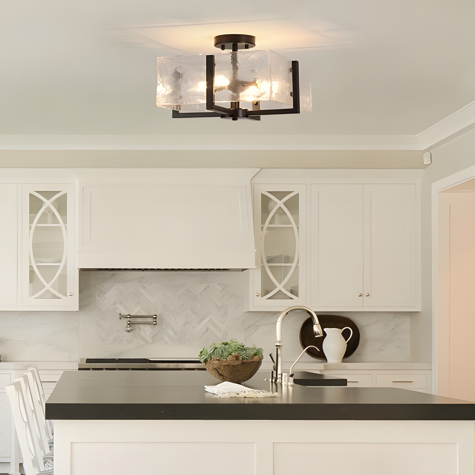 Coriander Black Rectangular Water Rippled Glass Ceiling Light