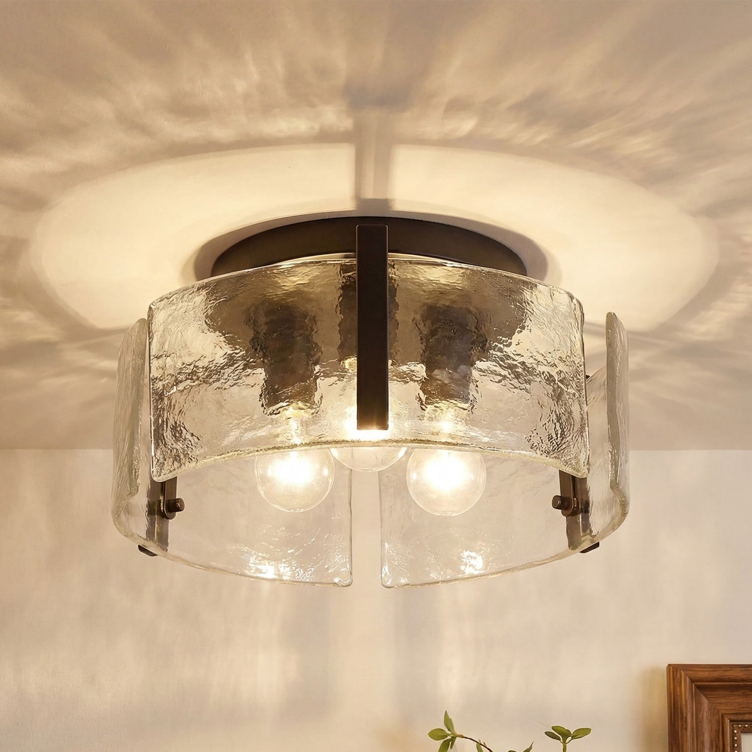 Ozu Modern Water Ripple Glass Drum Flush Mount Light