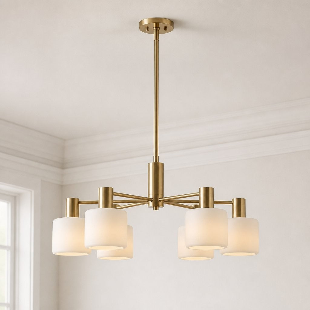 Aura Mid-Century Brass Porcelain Cylinder Chandelier