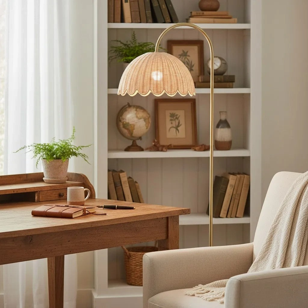 Marlowe Vintage Style Rattan Shade Wood - Based Floor Lamp