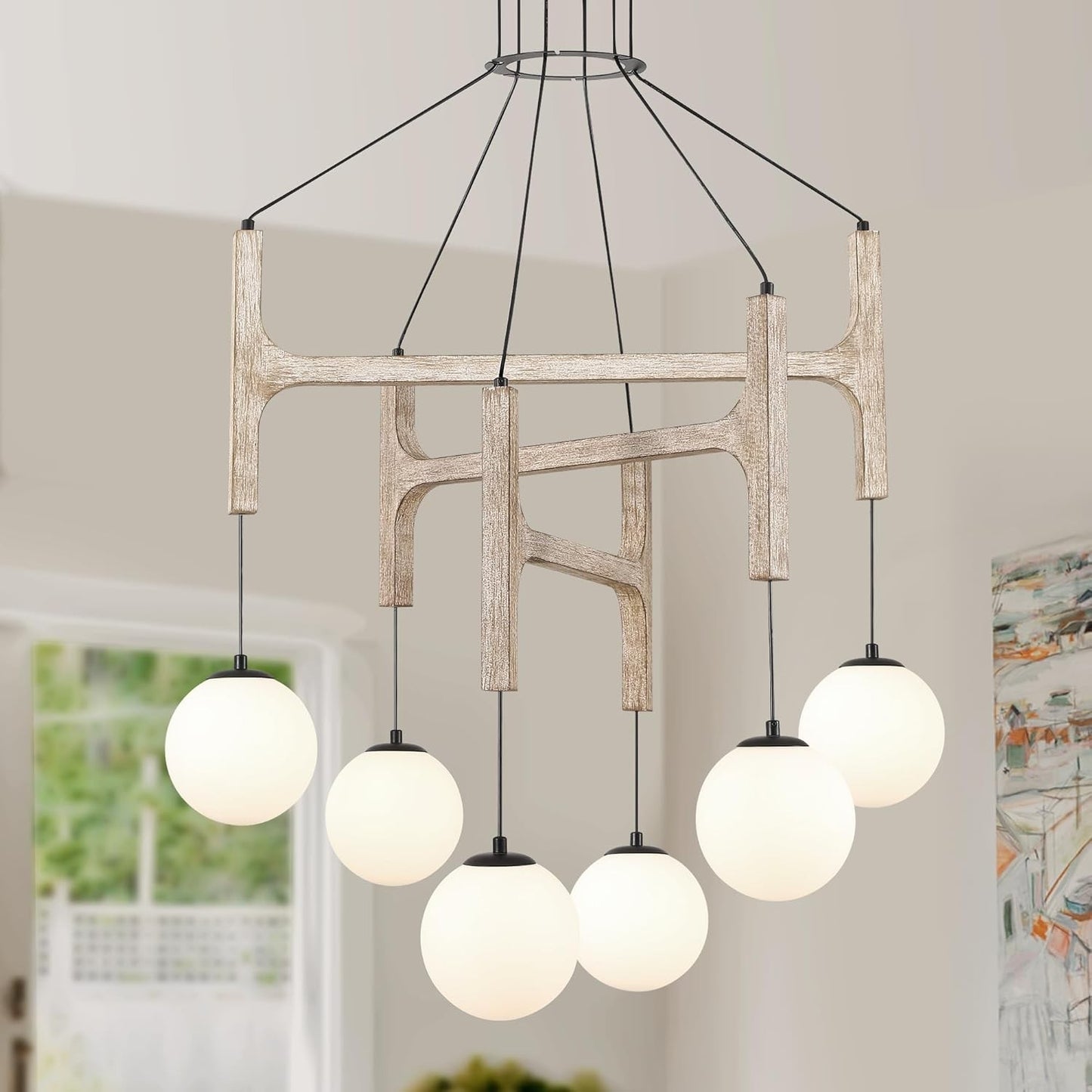 Astraea Farmhouse Wooden Branch Milk Glass Globe Chandelier
