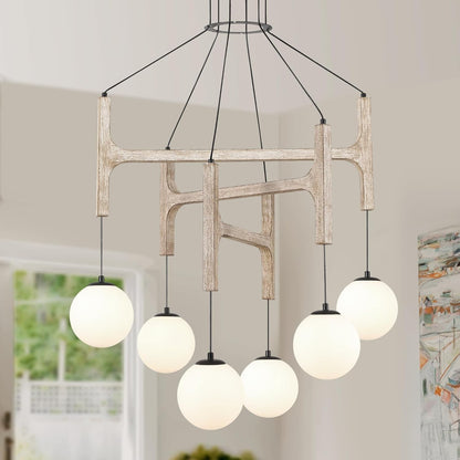 Astraea Farmhouse Wooden Branch Milk Glass Globe Chandelier