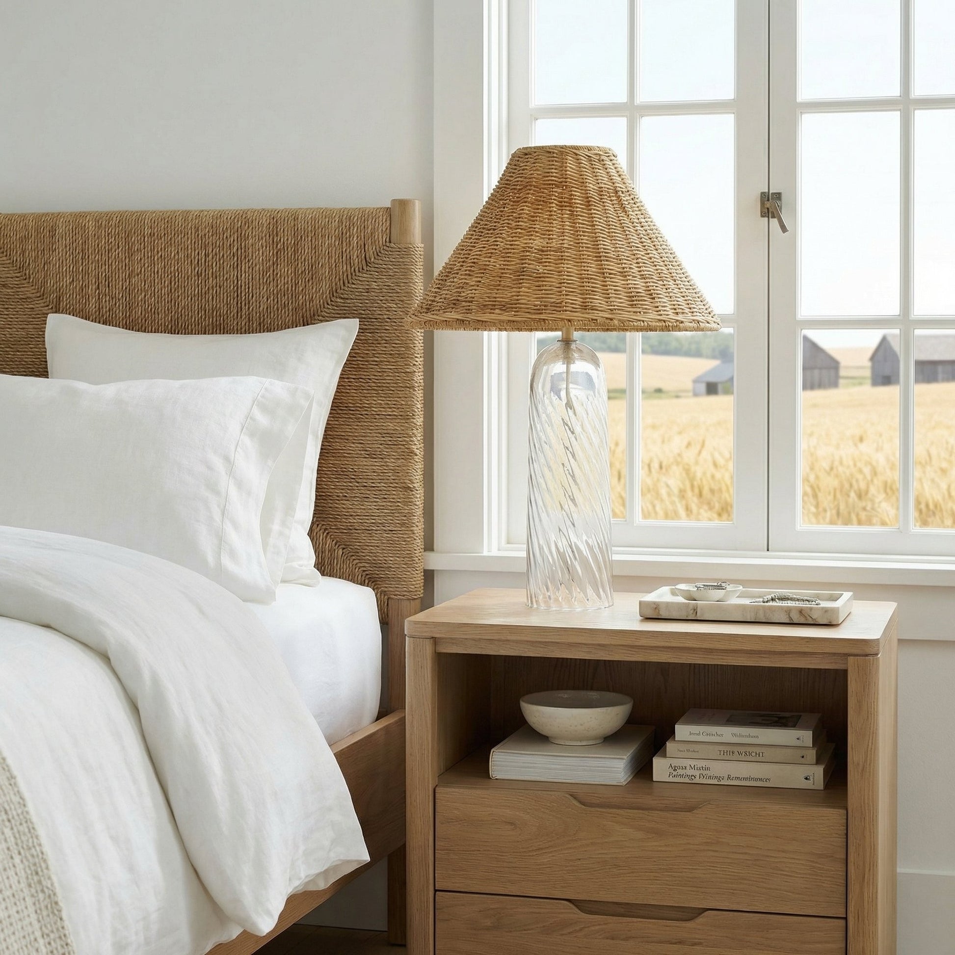 Gunner Boho Natural Rattan & Clear Glass Cylindrical Table Lamp