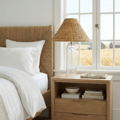 Gunner Boho Natural Rattan & Clear Glass Cylindrical Table Lamp