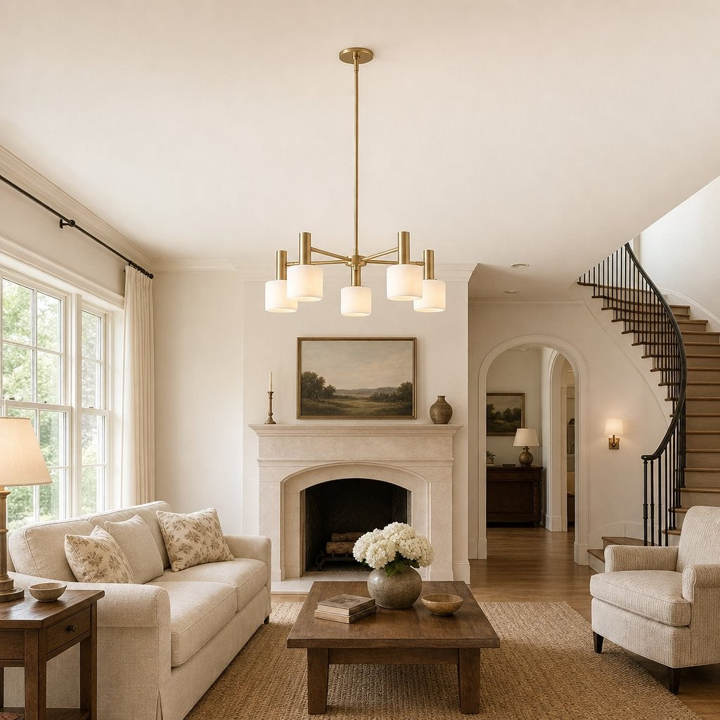 Aura Mid-Century Brass Porcelain Cylinder Chandelier