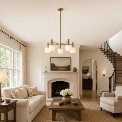 Aura Mid-Century Brass Porcelain Cylinder Chandelier
