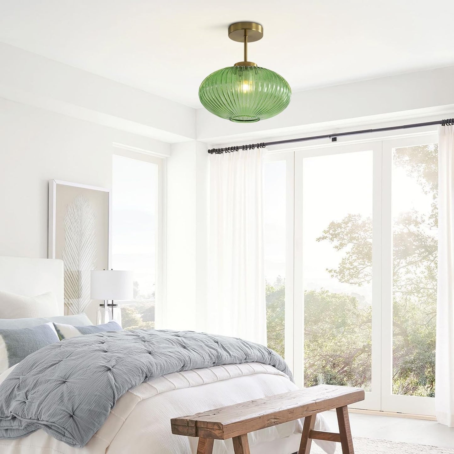 Jorik Natural Green Ribbed Glass Oval Ceiling Light