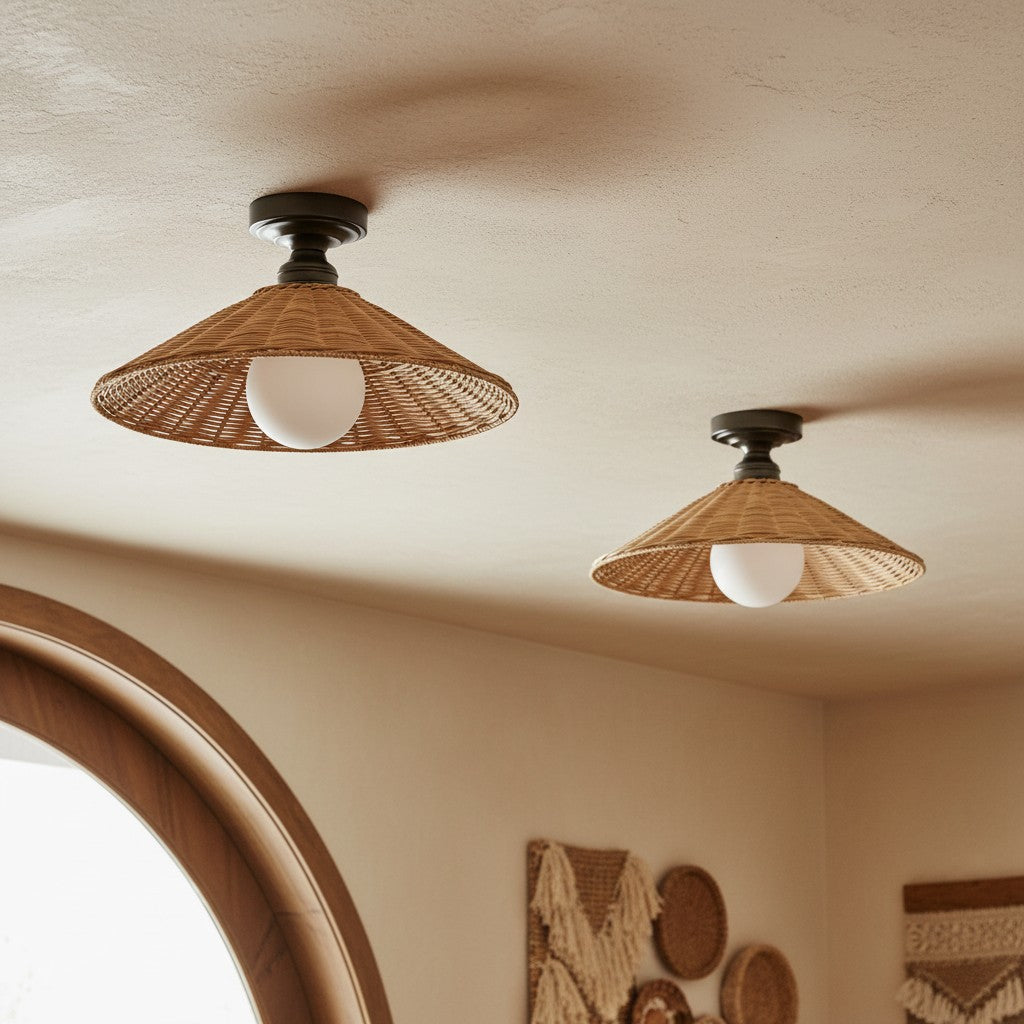 Vaelon Farmhouse Cone Rattan Ceiling Light