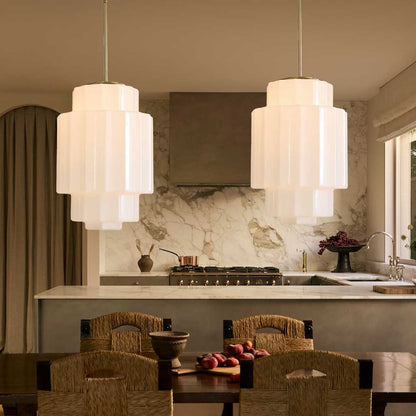 Zevian Antique Brass Tiered Opal White Glass Pendant Light