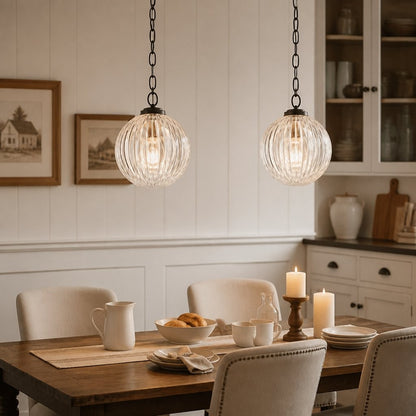 Hana Farmhouse Ribbed Glass Globe Pendant Light
