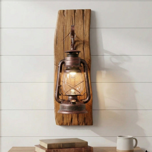 Vaelora Vintage Kerosene Wood Backplate Metal Wall Sconce
