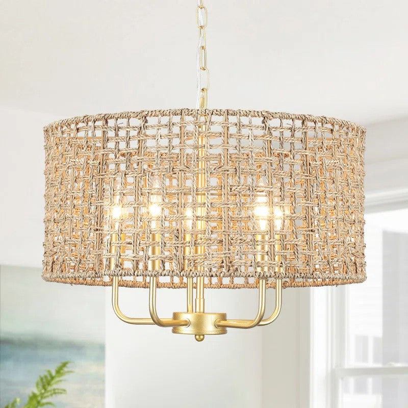 Arlo Bohemian 5 Light Natural Rattan Drum Chandelier