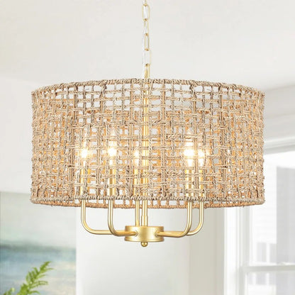 Arlo Bohemian 5 Light Natural Rattan Drum Chandelier