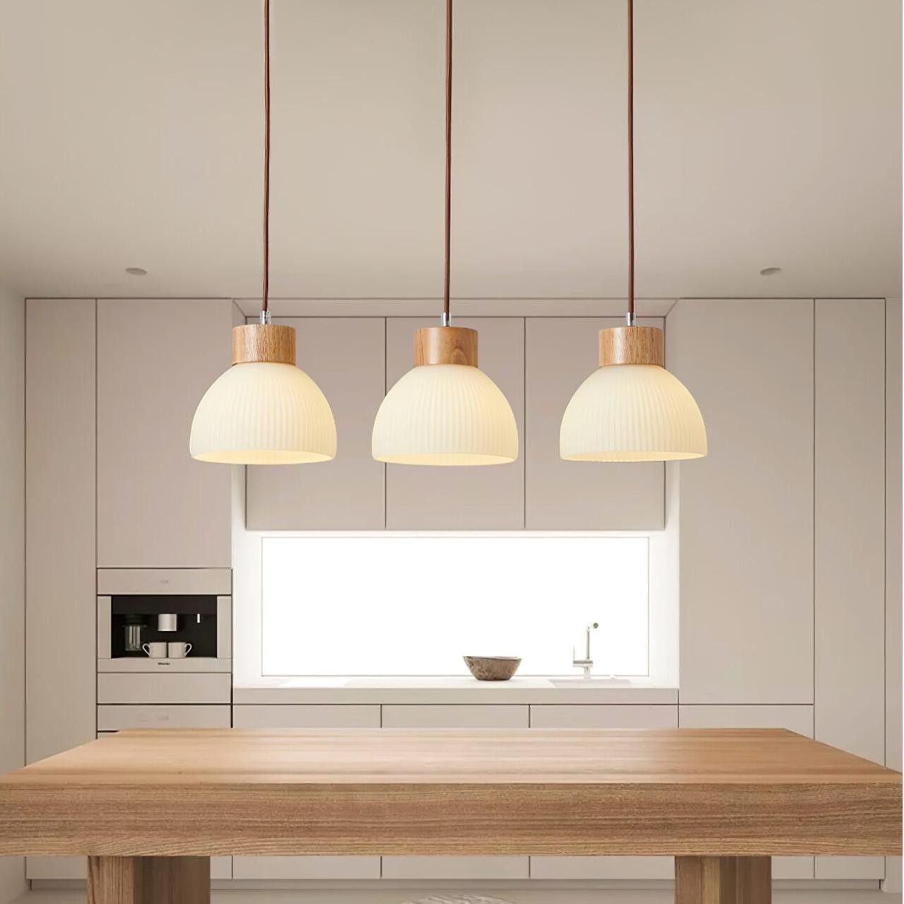 Tyrionth Wood Base 3 Light White Ribbed Glass Shade Pendant Light