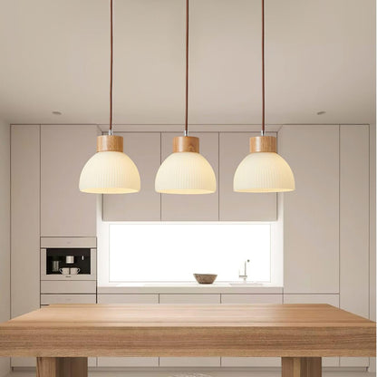 Tyrionth Wood Base 3 Light White Ribbed Glass Shade Pendant Light