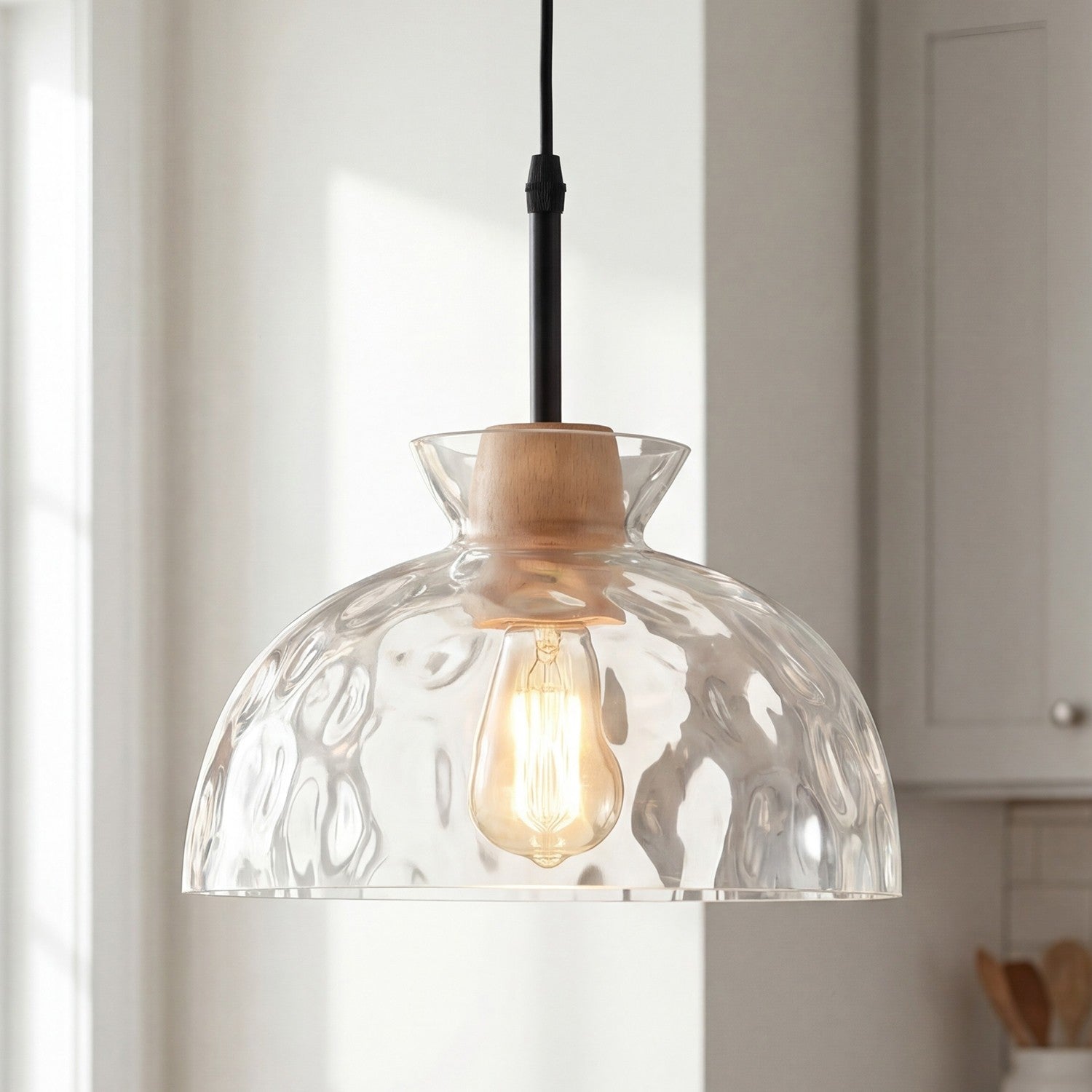 Kethor Mid Century Wood Hammered Glass Dome Pendant Light