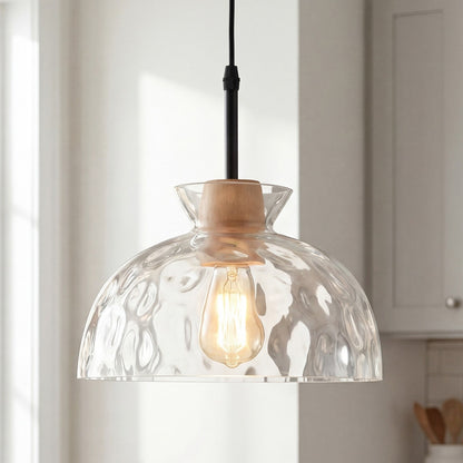 Kethor Mid Century Wood Hammered Glass Dome Pendant Light