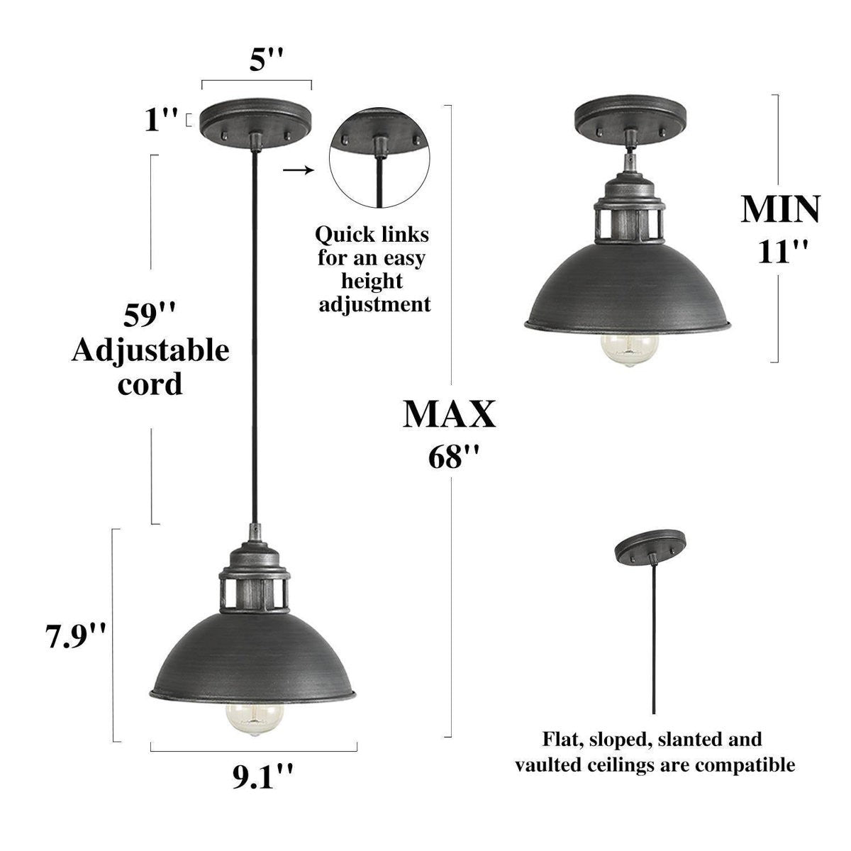 Hendon Industrial Matte Black Wrought Iron Dome Pendant Light