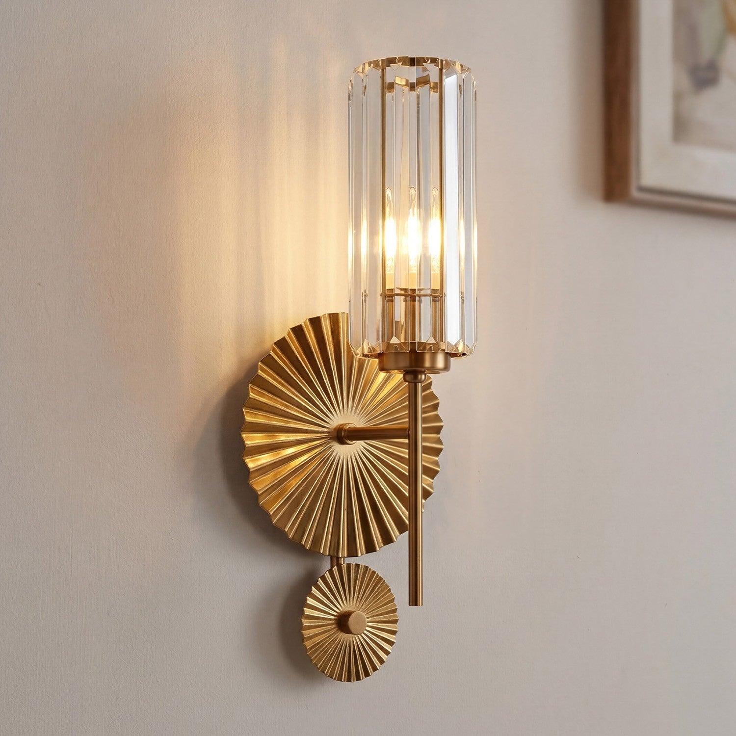 Solstice Brushed Brass Crystal Ribbed Glass Wall Sconce