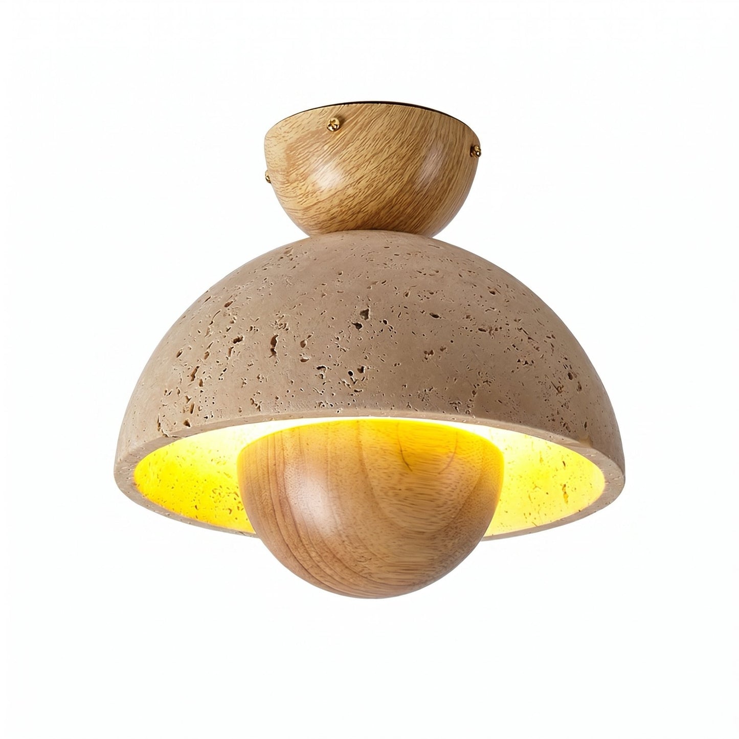 Elrick Mid-Century Travertine Wood Dome Ceiling Light