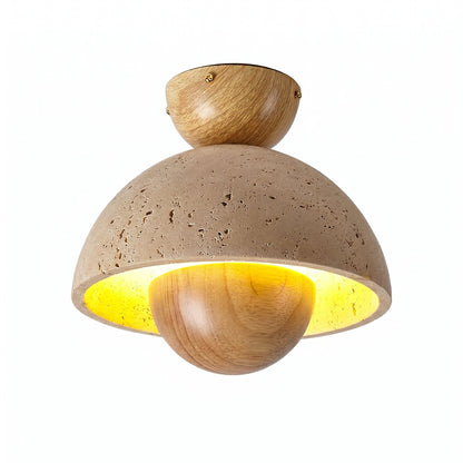 Elrick Mid-Century Travertine Wood Dome Ceiling Light