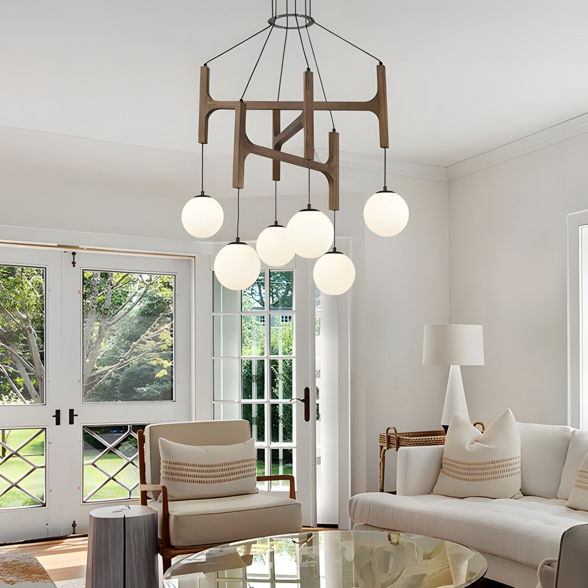 Astraea Farmhouse Wooden Branch Milk Glass Globe Chandelier