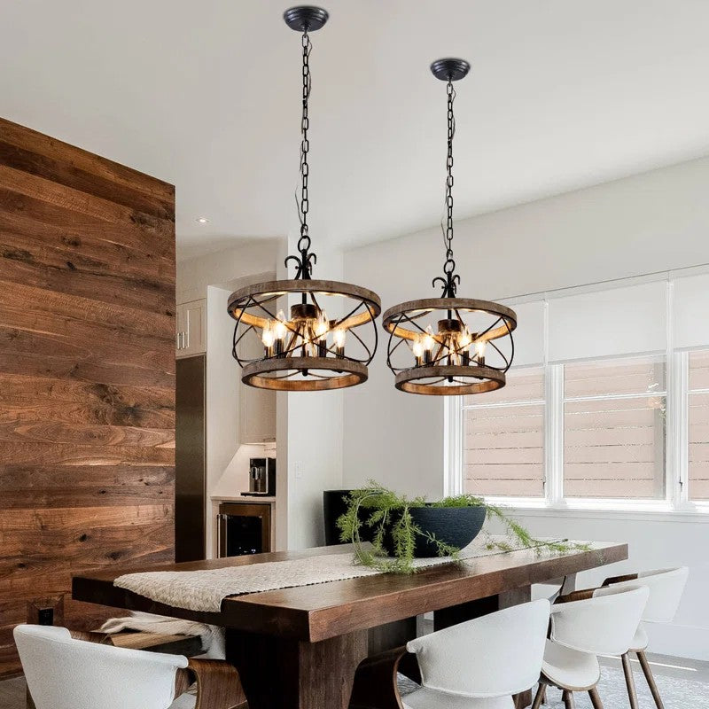 Cael Farmhouse Drum Wood Cage Pendant Light