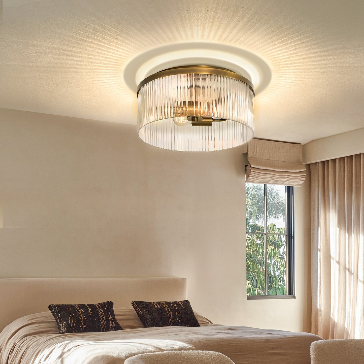 Sylan Farmhouse Round Ribbed Glass Flush Mount Ceiling Light