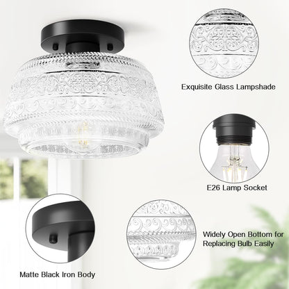 Ixionis Farmhouse Patterned Glass Semi Flush Mount Ceiling Light