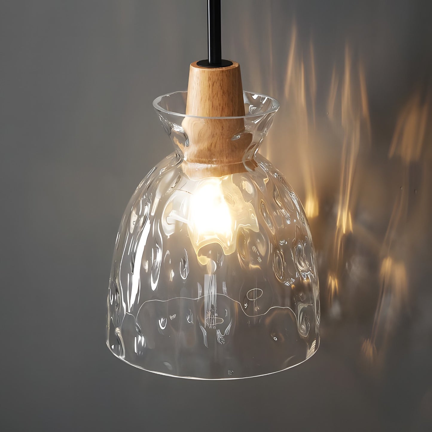 Kethor Mid Century Wood Hammered Glass Dome Pendant Light