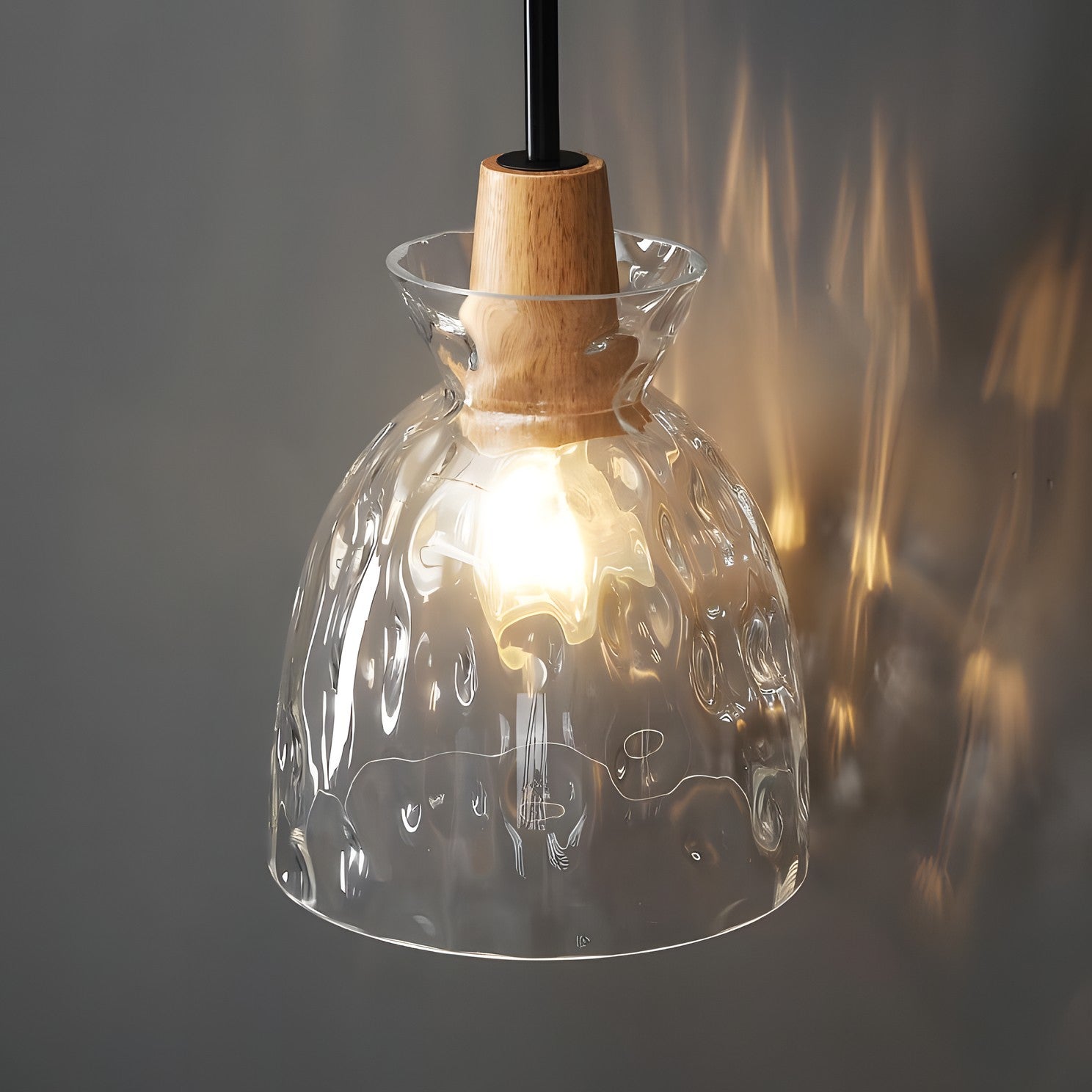 Kethor Mid Century Wood Hammered Glass Dome Pendant Light