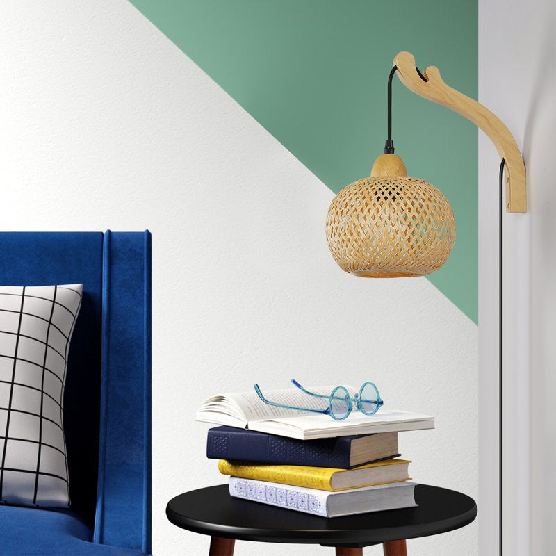 Deyron Rattan Hanging Wood Plug In Wall Mounted Lamp