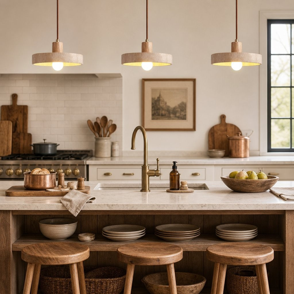 Harlow Wabi-Sabi Travertine & Wood Circular Pendant Light