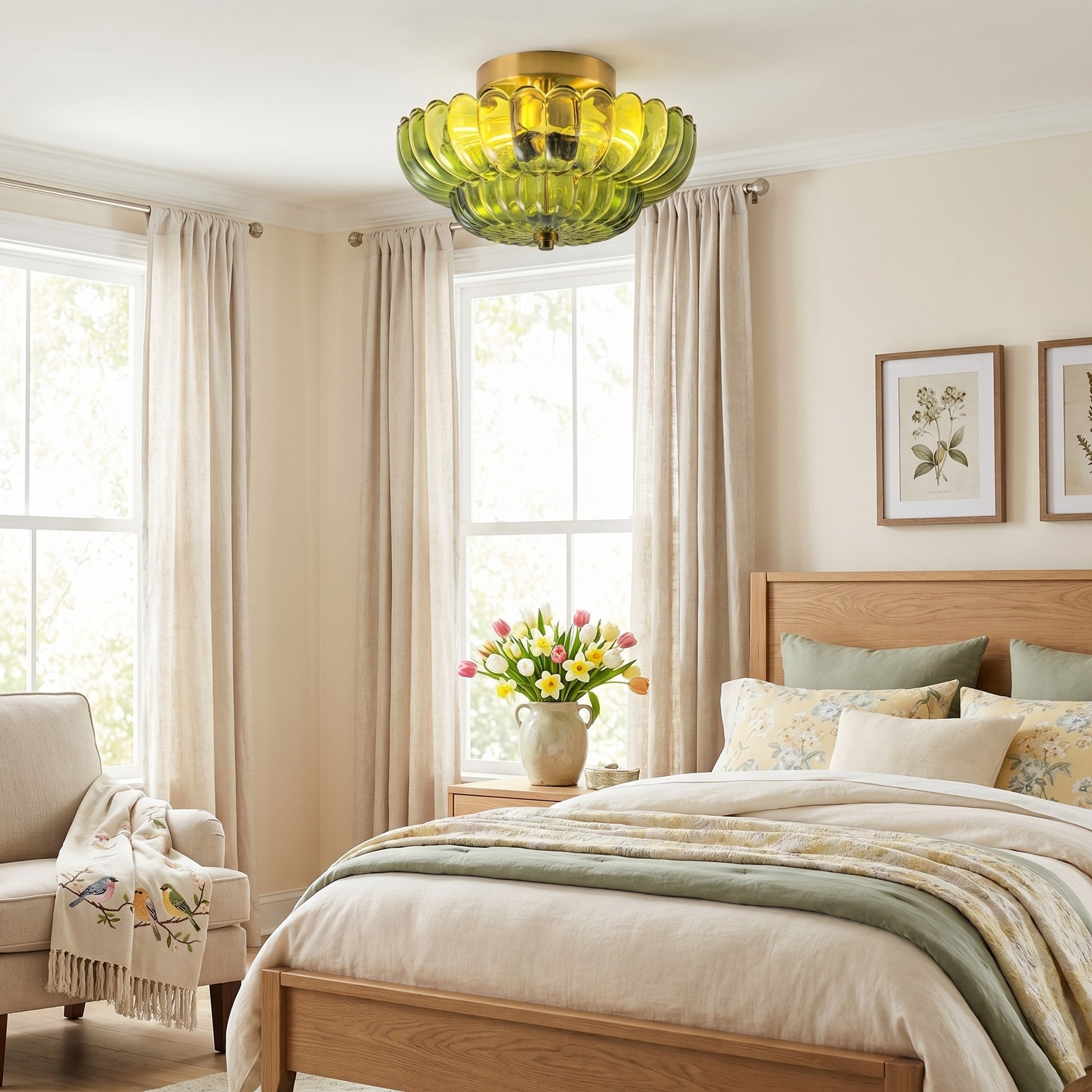 Raveena Vintage Amber Glass Semi Flush Mount Floral Ceiling Light